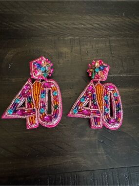 Beaded '40' Statement Earrings in Hot Pink with Multicolor Gems